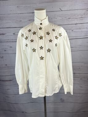 Escada VTG White Cotton Blouse Gold Star Embroidered Sz 36 Rare Nautical